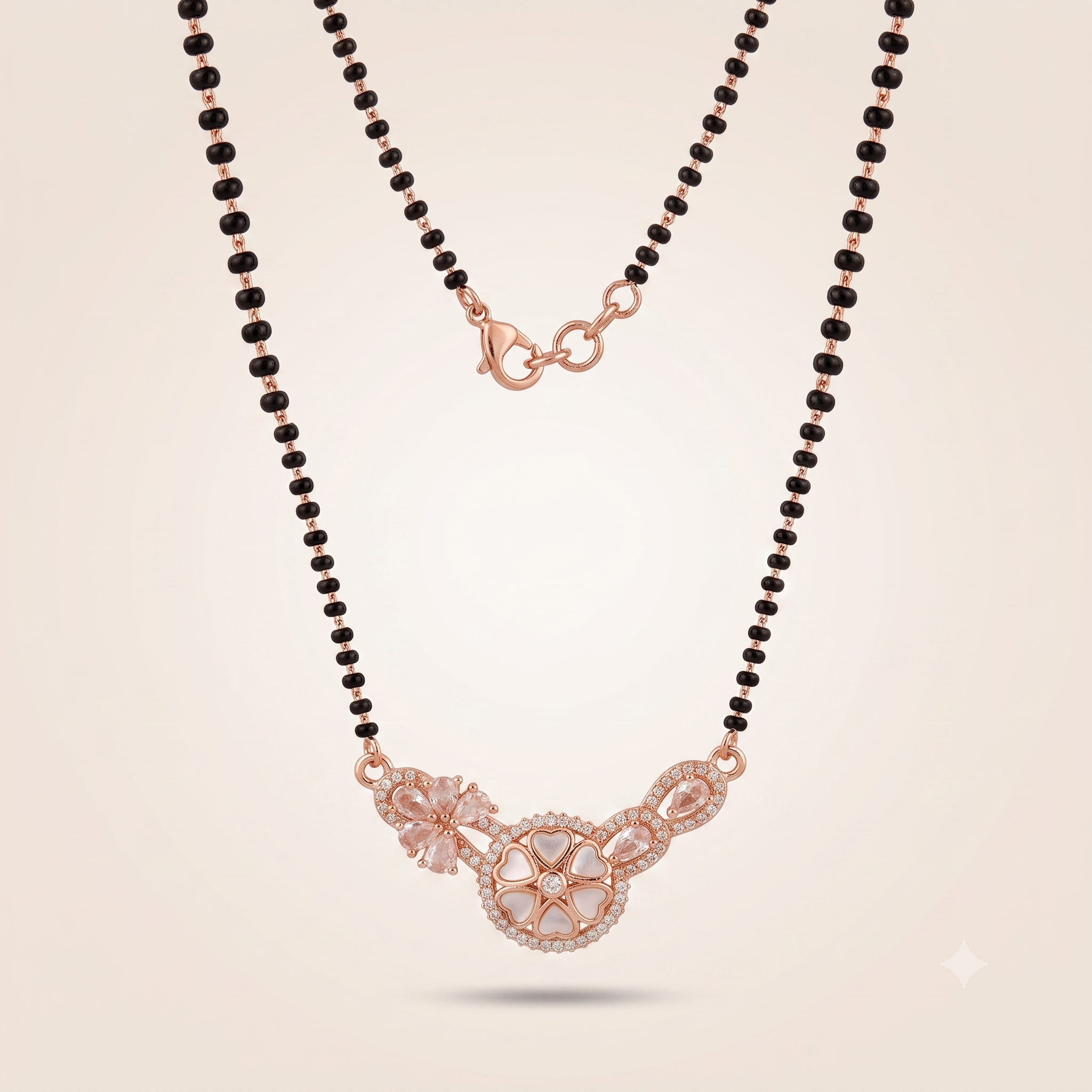 Indian Nazaria Rose Gold Floral Heart Zircon Mangalsutra Black Beads Necklace