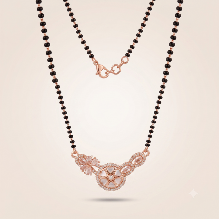 Indian Nazaria Rose Gold Floral Heart Zircon Mangalsutra Black Beads Necklace