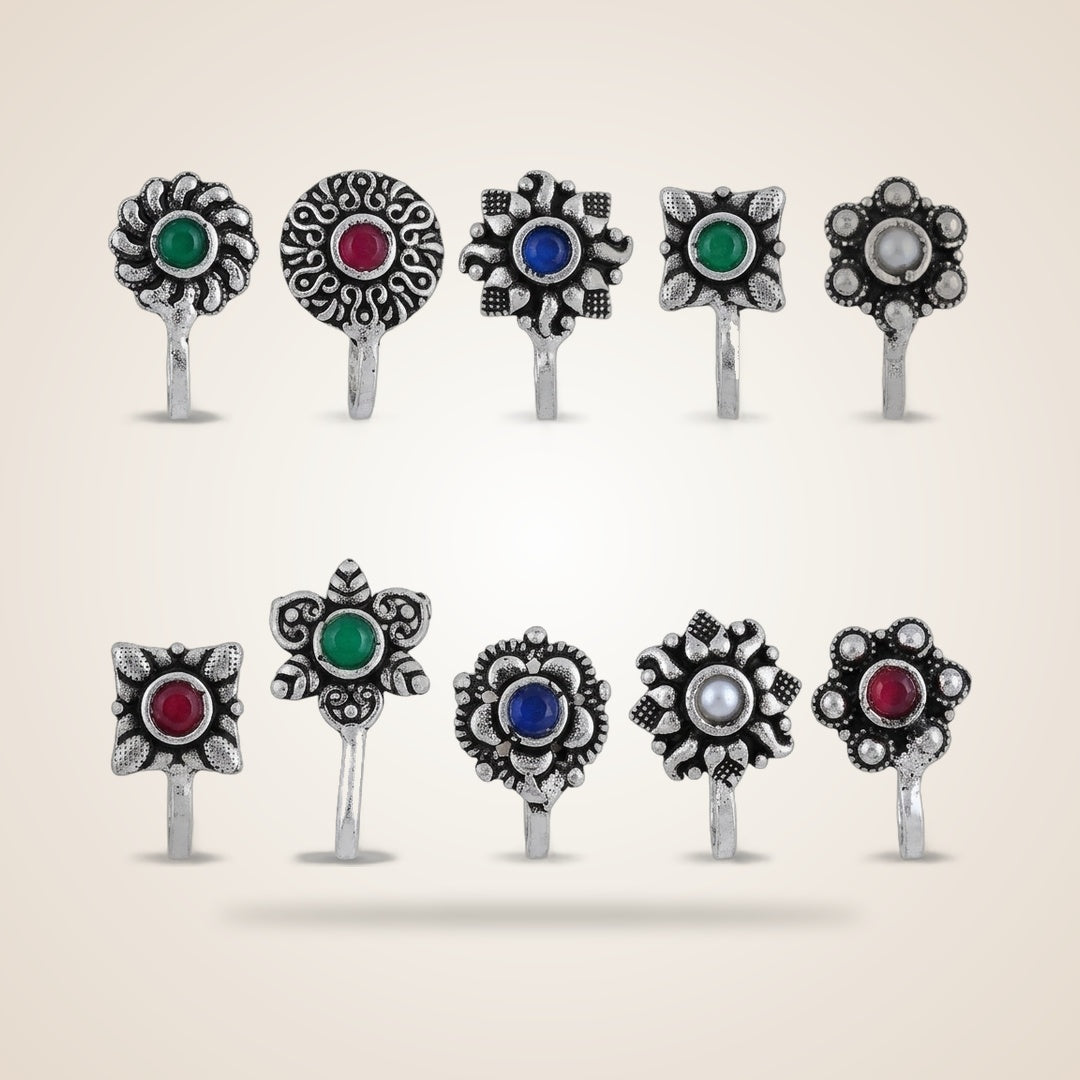 German Silver Multicolour Stone Transitional Clip On Non Pierced Nose Ring | Boho Jewellery UK | The Colourful Aura