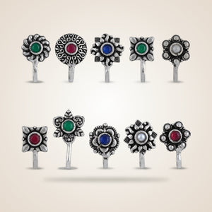 German Silver Multicolour Stone Transitional Clip On Non Pierced Nose Ring | Boho Jewellery UK | The Colourful Aura