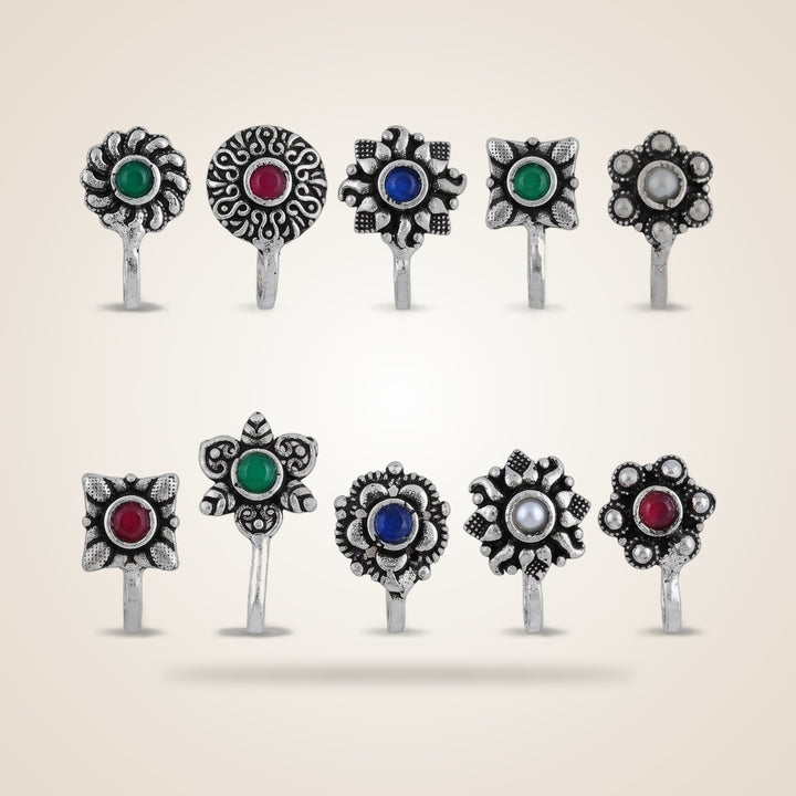 German Silver Multicolour Stone Transitional Clip On Non Pierced Nose Ring | Boho Jewellery UK | The Colourful Aura