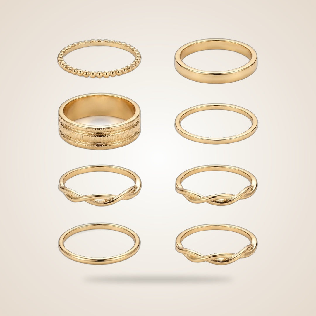 8 Piece Stackable Multisize Thick Silver Band Boho Ring Set in Gold | Boho Jewellery UK | The Colourful Aura