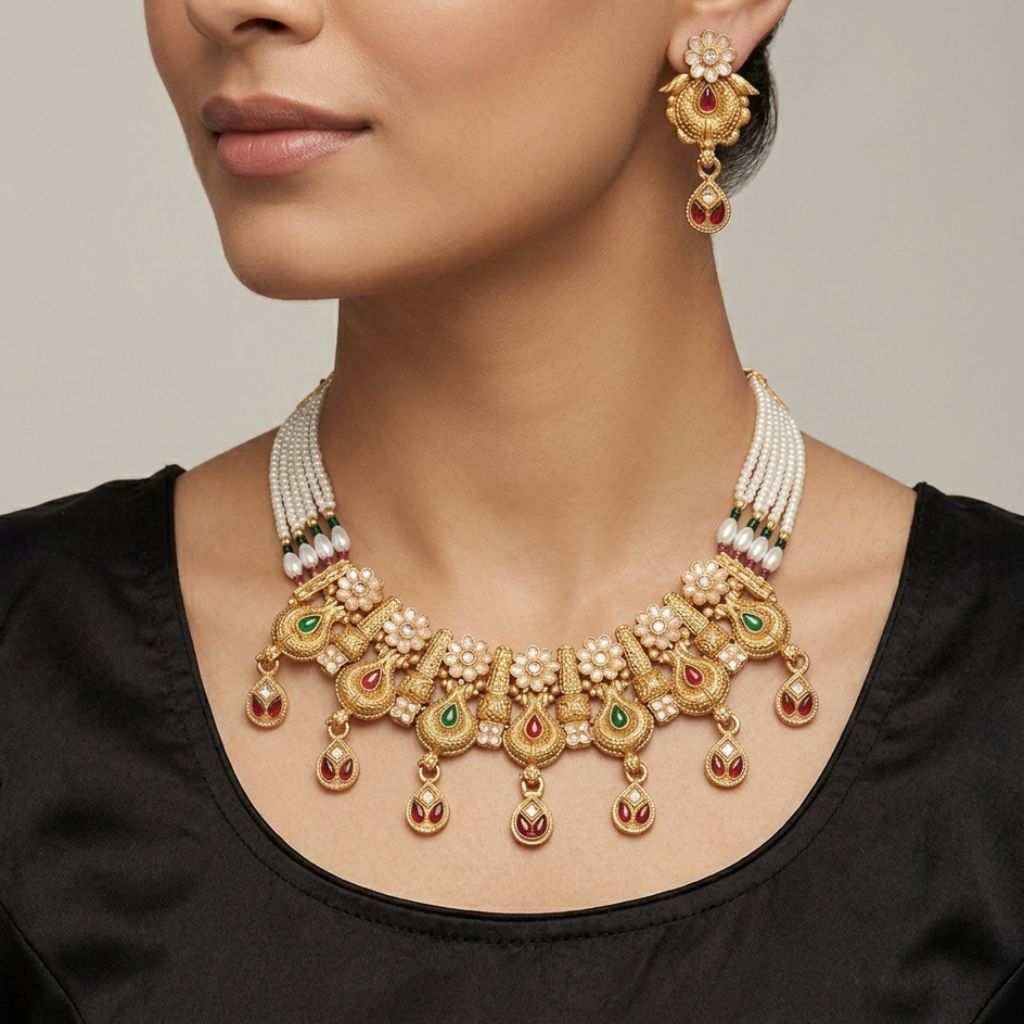 Gold kundan paisley choker necklace with seed pearl chain and matching earrings — Indian wedding jewellery