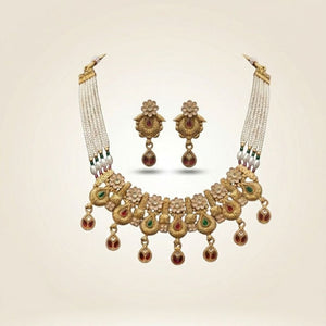 Antique gold kundan paisley choker necklace and floral drop earrings set — Asian bridal jewellery UK