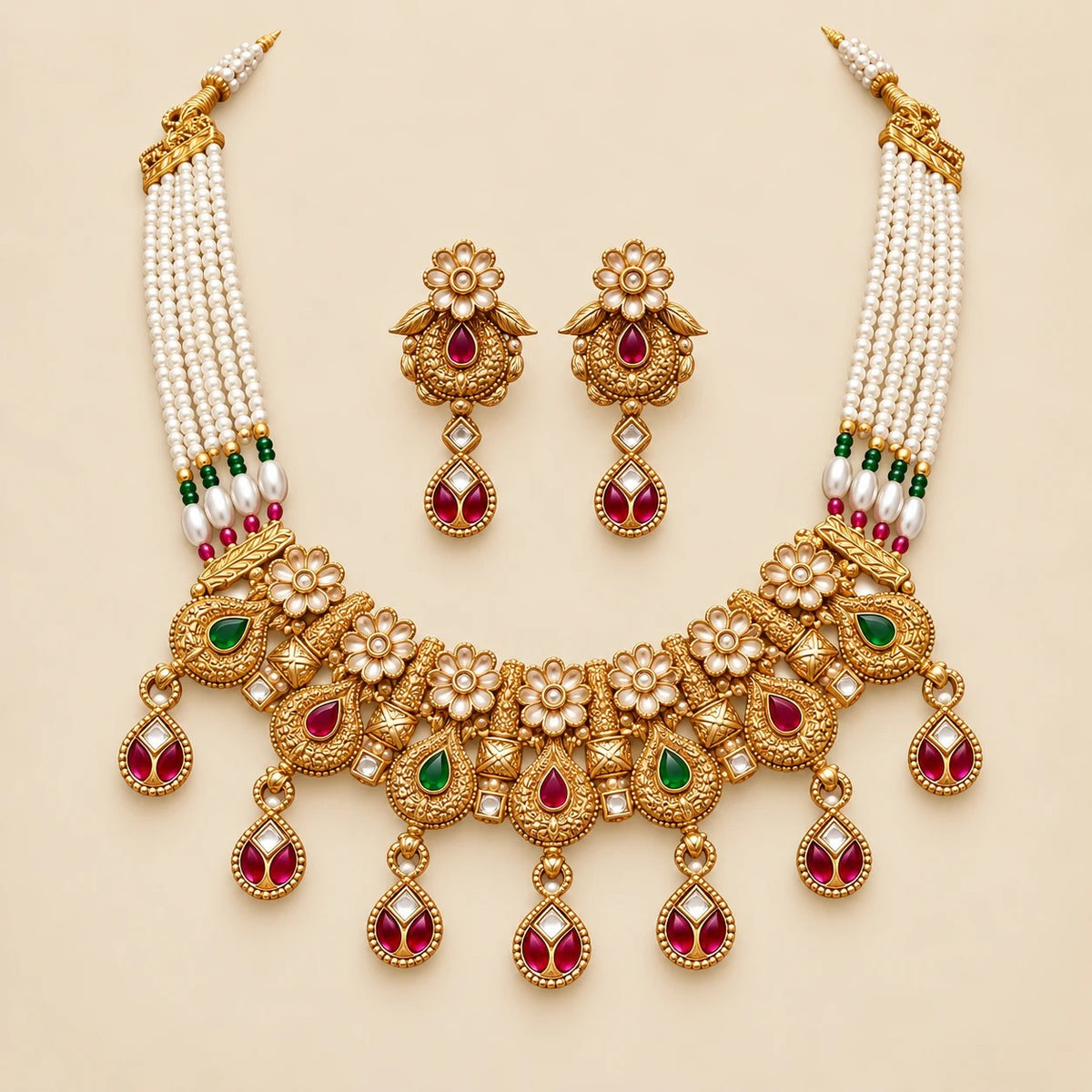 Gold Antique Kundan Paisley Choker Necklace Set with Pearl Chain and Earrings — Boho Jewellery UK | The Colourful Aura