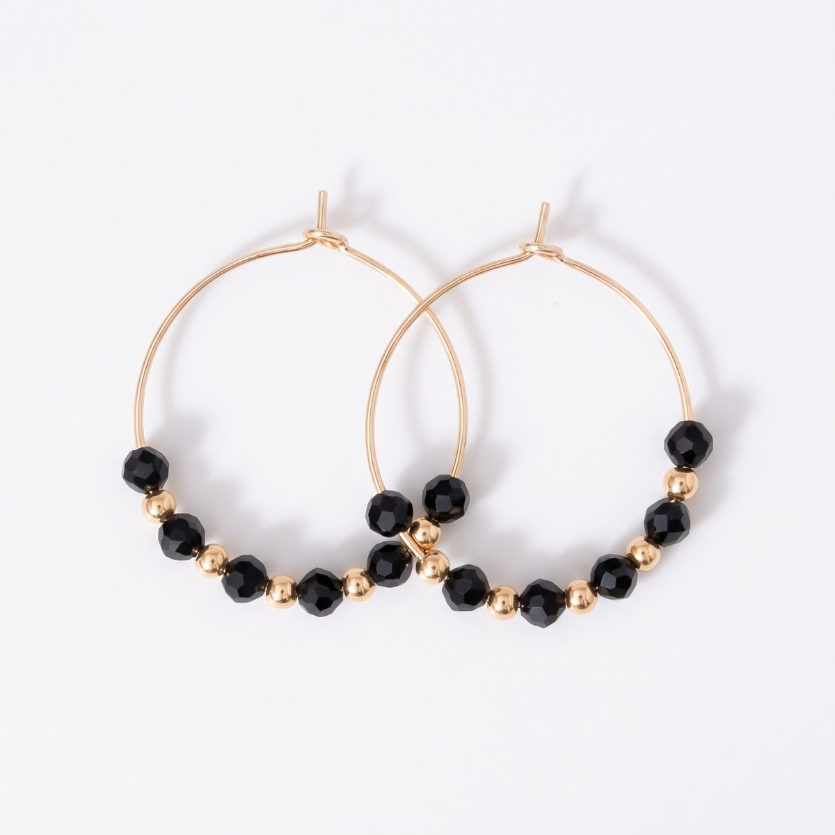 Black Gold Beaded 30mm Huggie Multicolour Dainty Boho Summer Hoop Bali Earring (Close-up Detail) | The Colourful Aura