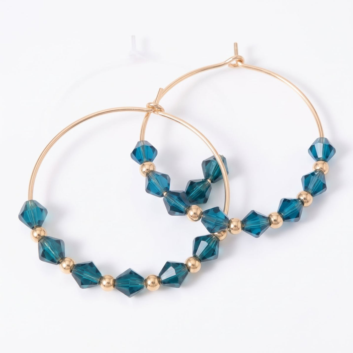 Blue Gold Beaded 30mm Huggie Multicolour Dainty Boho Summer Hoop Bali Earring (Close-up Detail) | The Colourful Aura