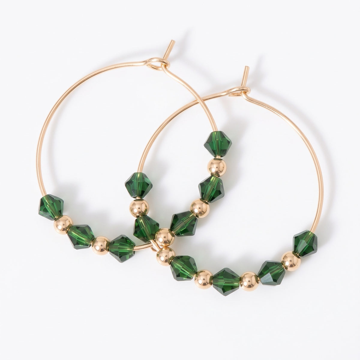 Green Gold Beaded 30mm Huggie Multicolour Dainty Boho Summer Hoop Bali Earring (Close-up Detail) | The Colourful Aura