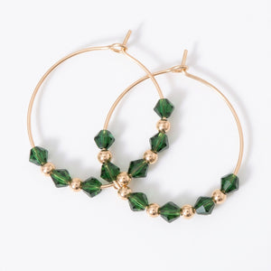 Green Gold Beaded 30mm Huggie Multicolour Dainty Boho Summer Hoop Bali Earring (Close-up Detail) | The Colourful Aura
