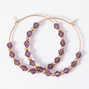Purple Gold Beaded 30mm Huggie Multicolour Dainty Boho Summer Hoop Bali Earring (Close-up Detail) | The Colourful Aura