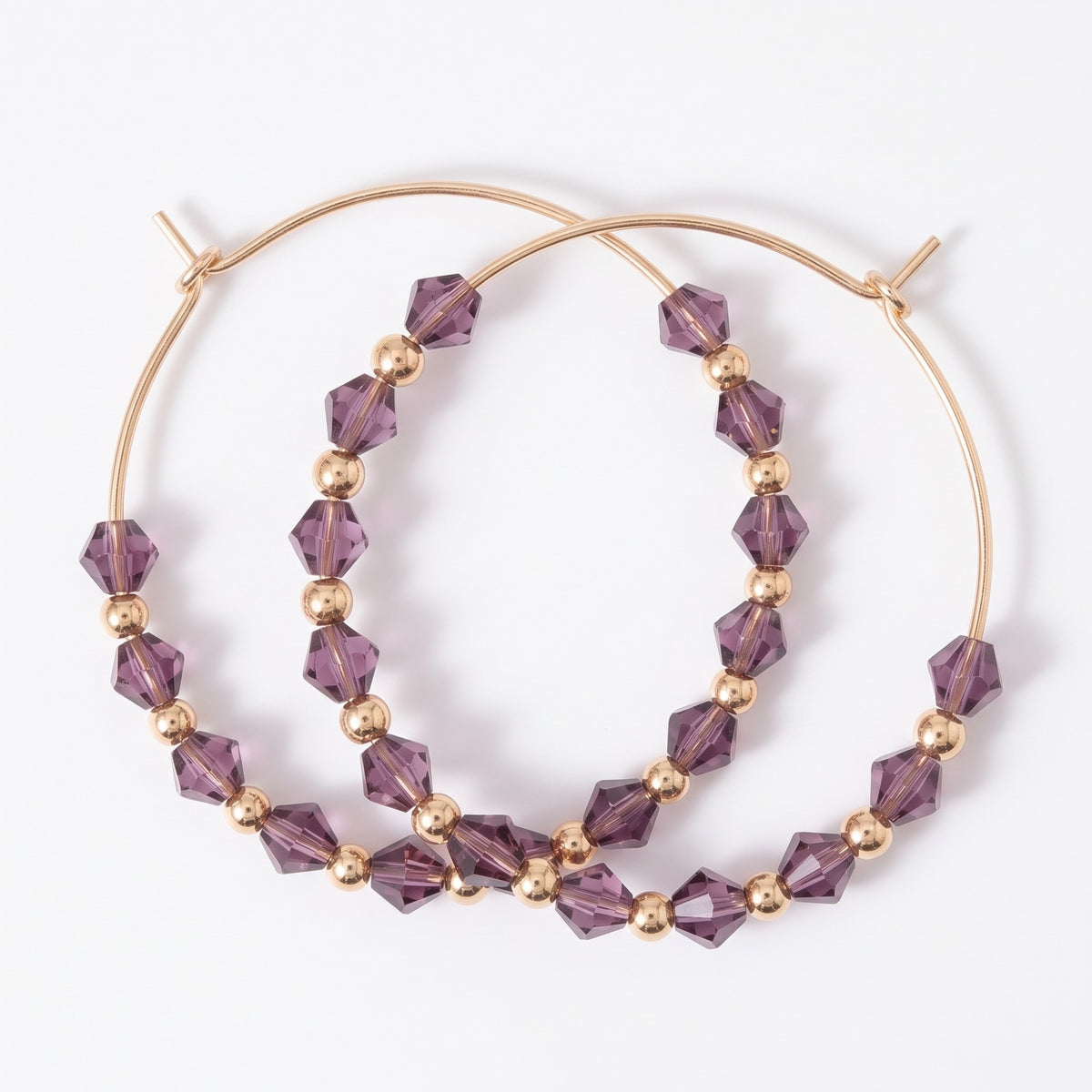 Purple Gold Beaded 30mm Huggie Multicolour Dainty Boho Summer Hoop Bali Earring (Close-up Detail) | The Colourful Aura