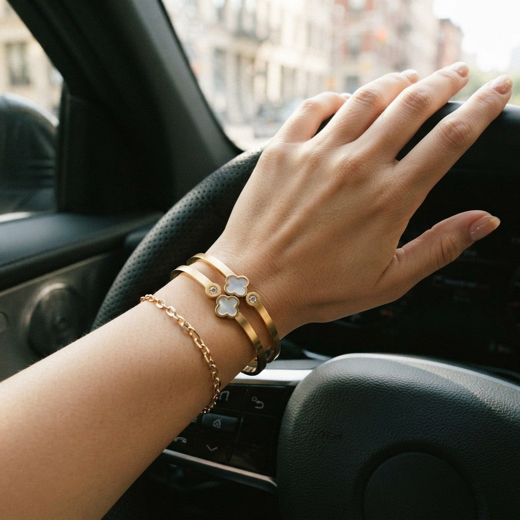Gold Clover Double Band Bangle Bracelet (Close-up Detail) | The Colourful Aura