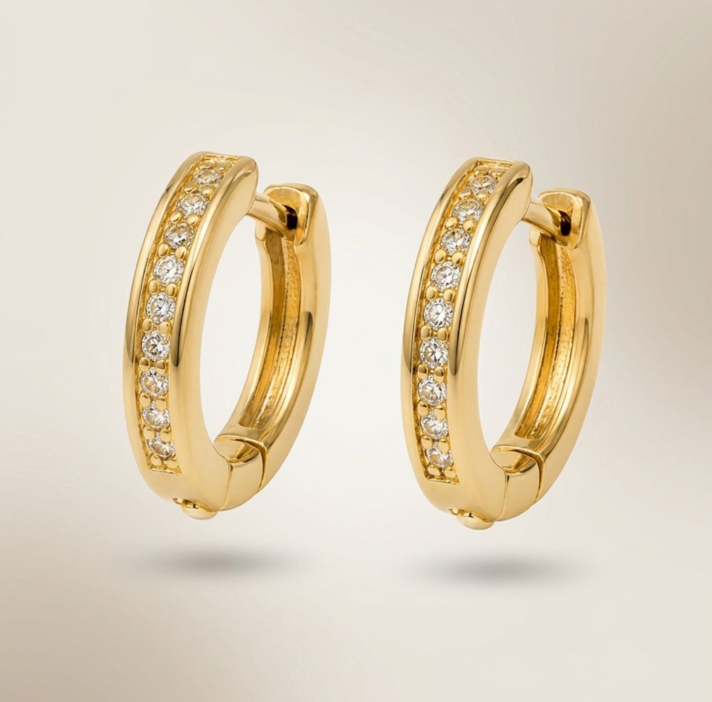 Gold crystal huggie hoop earrings 1cm brass channel set white crystals The Colourful Aura