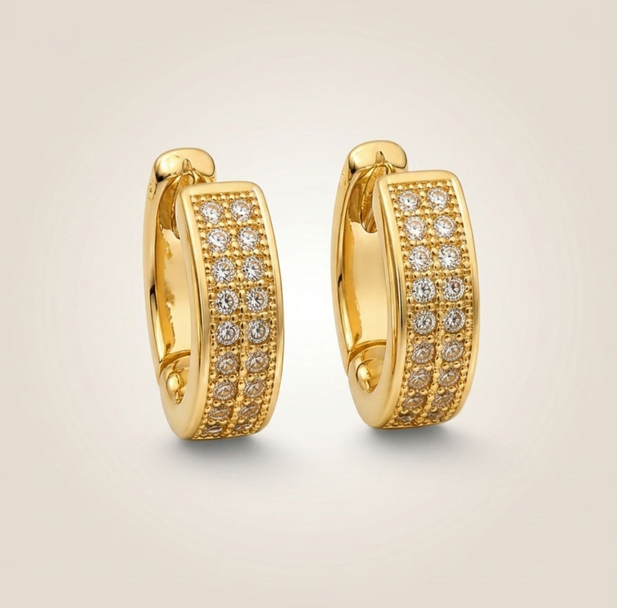 Gold double row pavé crystal huggie hoop earrings 1cm brass milgrain detail white crystals The Colourful Aura