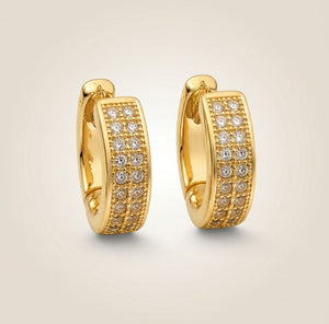 Gold double row pavé crystal huggie hoop earrings 1cm brass milgrain detail white crystals The Colourful Aura