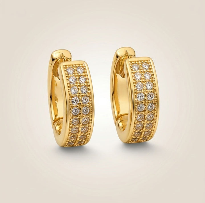 Gold double row pavé crystal huggie hoop earrings 1cm brass milgrain detail white crystals The Colourful Aura
