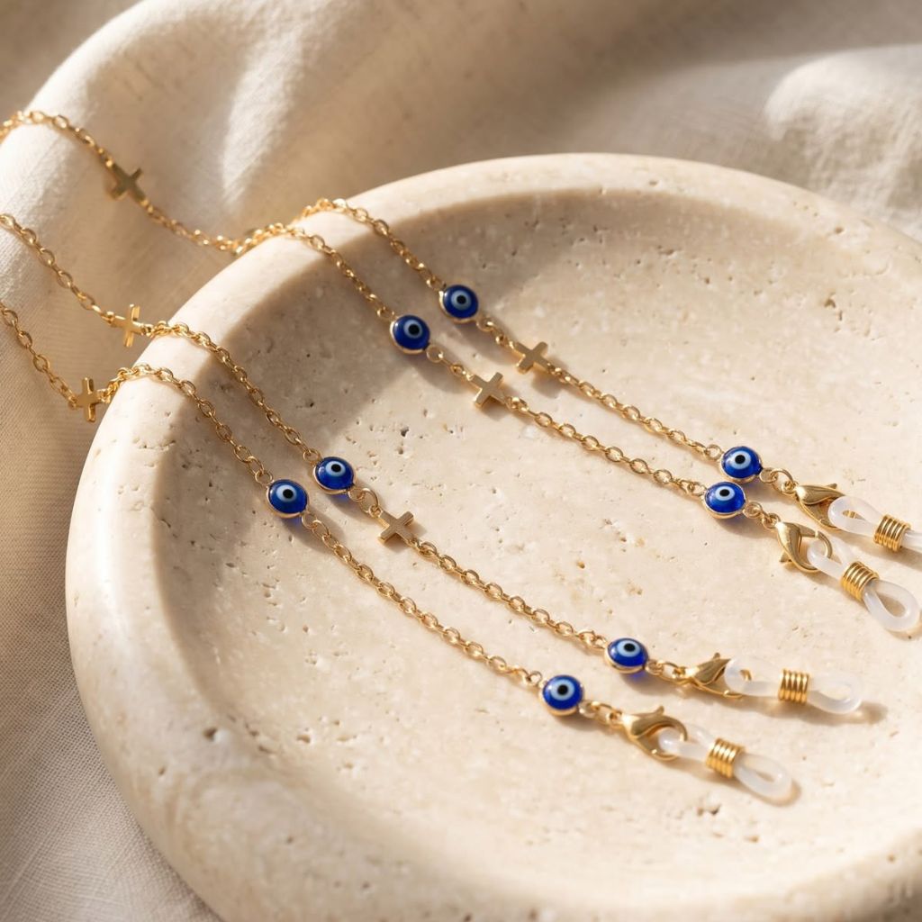 Gold Evil Eye Cross Greek Protection Summer Turkish Reading Eyeglass Lanyard (Lifestyle Flatlay) | The Colourful Aura