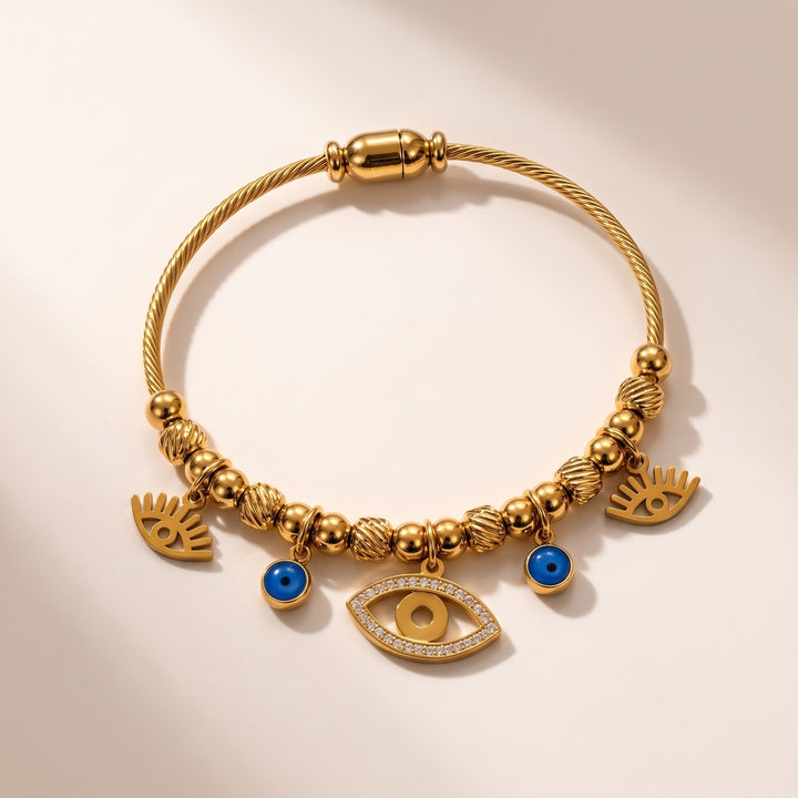 Gold Evil Eye Dangle Charms Protection Dangly Bracelet — Boho Jewellery UK | The Colourful Aura