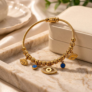 Gold Evil Eye Dangle Charms Protection Dangly Bracelet (Close-up Detail) | The Colourful Aura