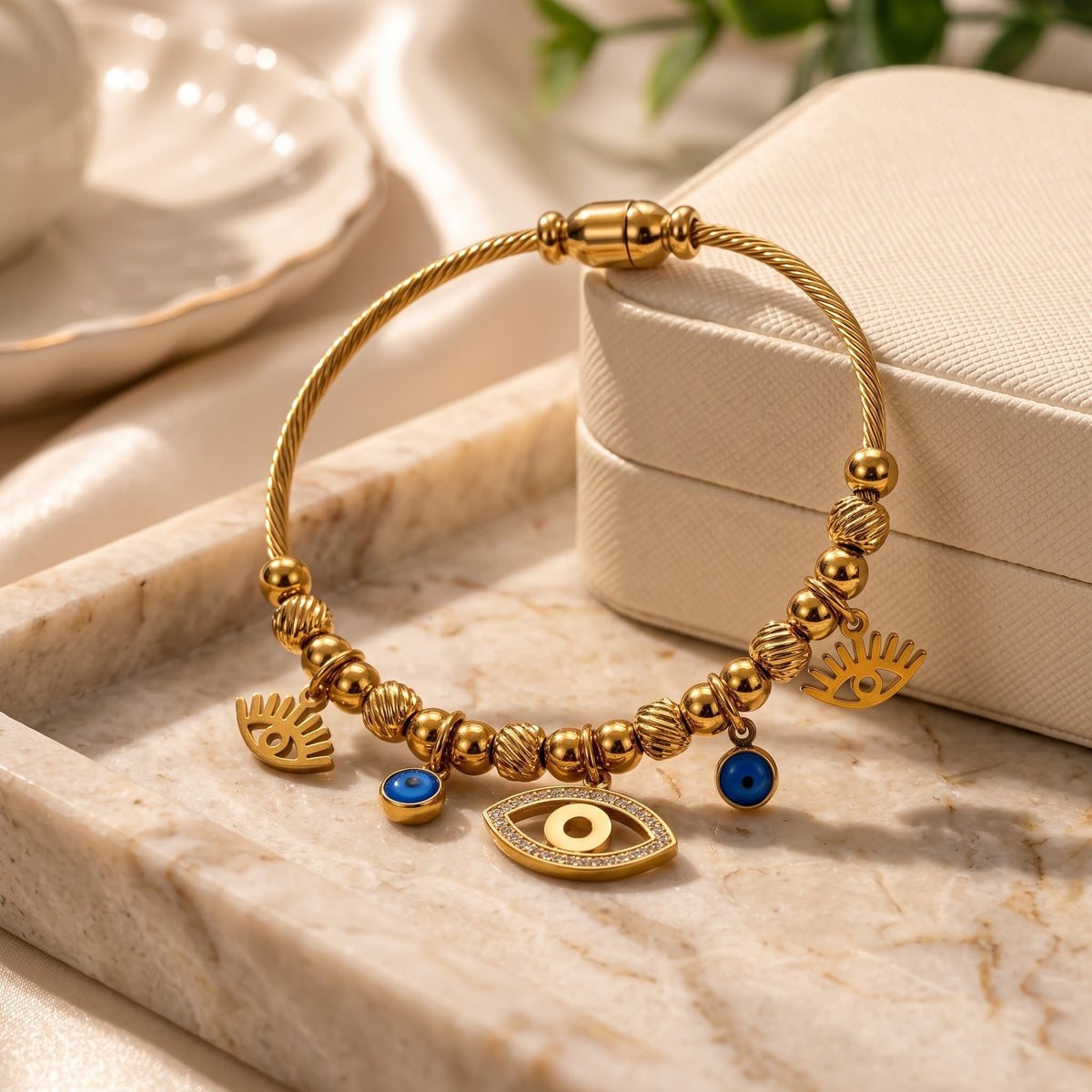 Gold Evil Eye Dangle Charms Protection Dangly Bracelet (Close-up Detail) | The Colourful Aura