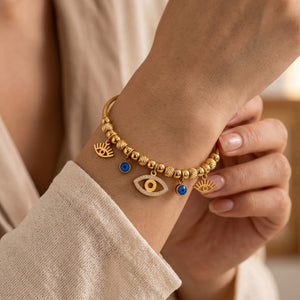 Gold Evil Eye Dangle Charms Protection Dangly Bracelet (Close-up Detail) | The Colourful Aura