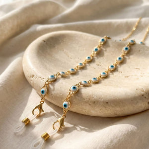 Gold Evil Eye Protection Summer Turkish Reading Eyeglass Chain Lanyard (Lifestyle Flatlay) | The Colourful Aura