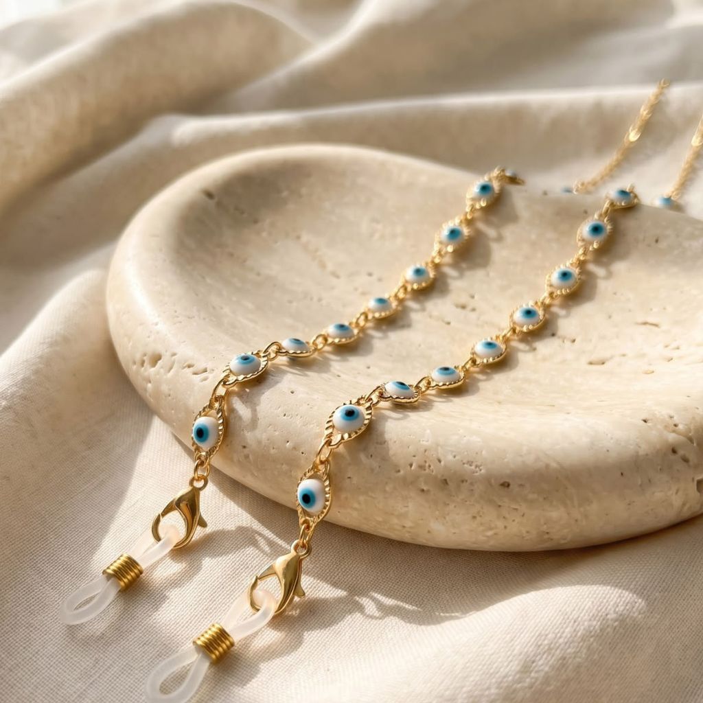 Gold Evil Eye Protection Summer Turkish Reading Eyeglass Chain Lanyard (Lifestyle Flatlay) | The Colourful Aura