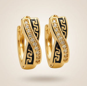 Gold Greek key crossover crystal huggie hoop earrings 1cm brass black enamel twisted band The Colourful Aura