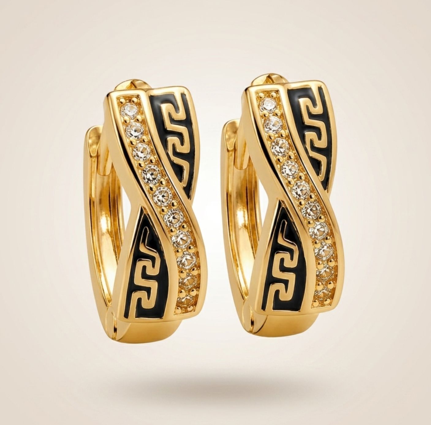 Gold Greek key crossover crystal huggie hoop earrings 1cm brass black enamel twisted band The Colourful Aura
