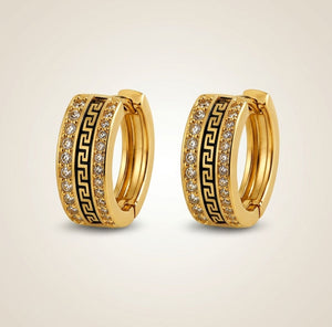 Gold Greek key crystal huggie hoop earrings 1cm brass black enamel double row crystals The Colourful Aura