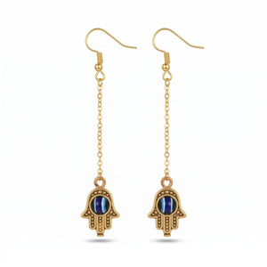 Gold Handmade Long Chain Hamsa Evil Eye Fatima Hand Tassel Chain Drop Earring (Close-up Detail) | The Colourful Aura
