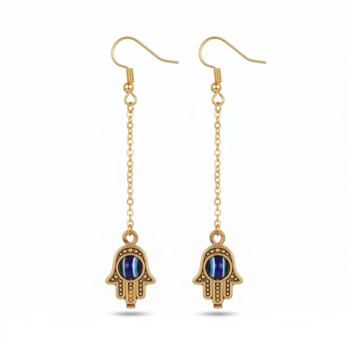 Gold Handmade Long Chain Hamsa Evil Eye Fatima Hand Tassel Chain Drop Earring (Close-up Detail) | The Colourful Aura