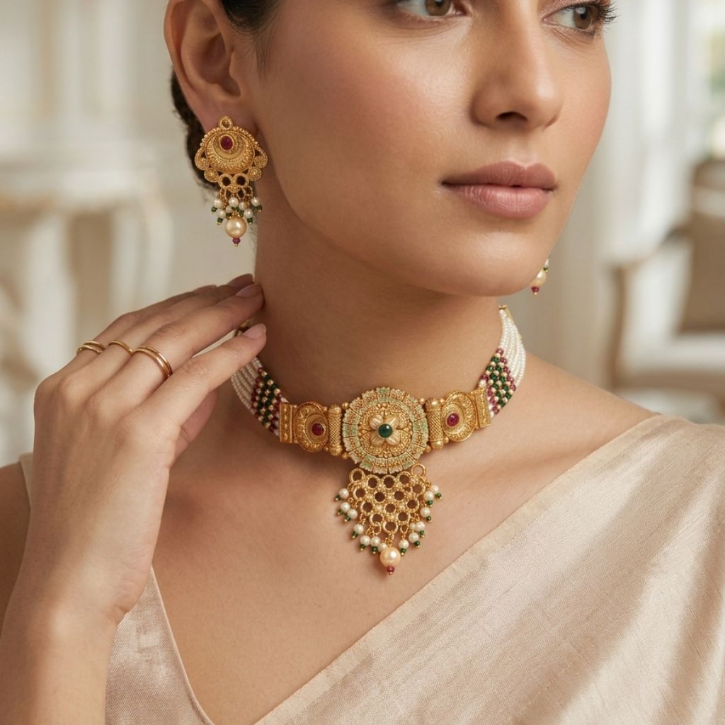 Gold Kundan Choker Necklace Earring Set — Boho Jewellery UK | The Colourful Aura