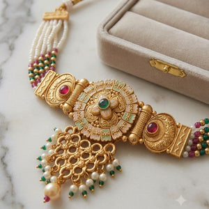 Gold Kundan Choker Necklace Earring Set (Close-up Detail) | The Colourful Aura