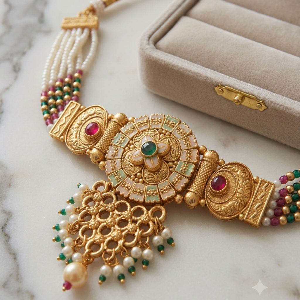 Gold Kundan Choker Necklace Earring Set (Close-up Detail) | The Colourful Aura