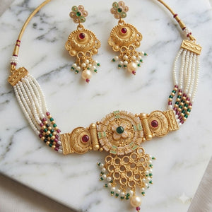 Gold Kundan Choker Necklace Earring Set (Close-up Detail) | The Colourful Aura