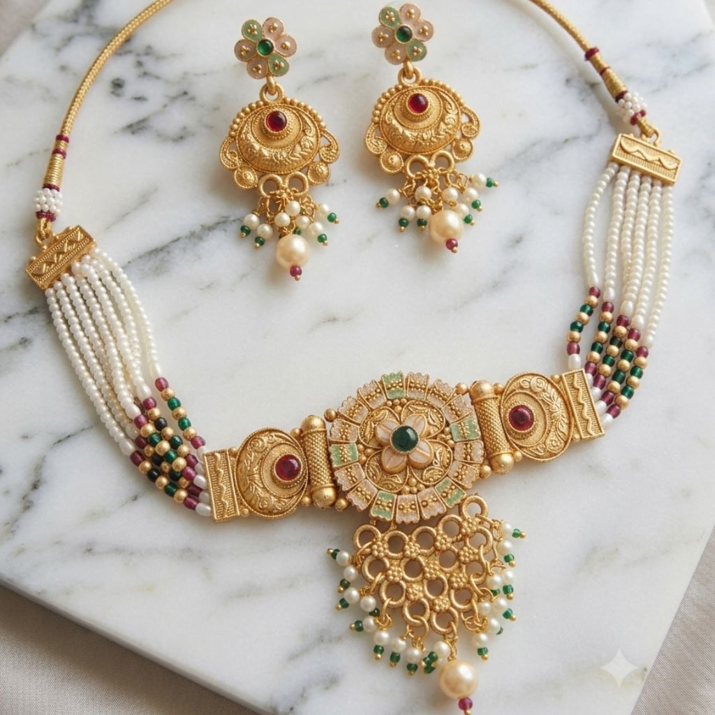 Gold Kundan Choker Necklace Earring Set (Close-up Detail) | The Colourful Aura