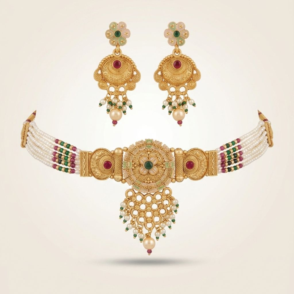 Gold Kundan Choker Necklace Earring Set (Close-up Detail) | The Colourful Aura
