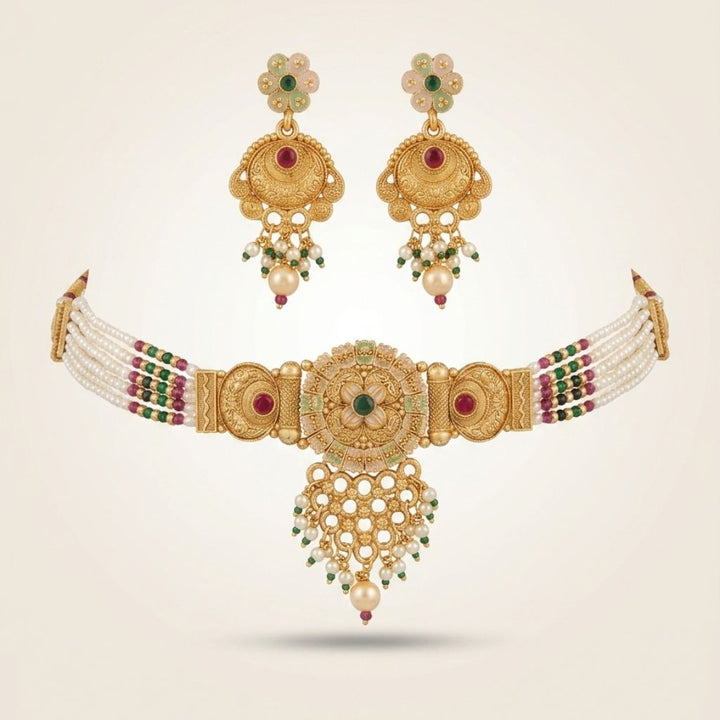 Gold Kundan Choker Necklace Earring Set (Close-up Detail) | The Colourful Aura