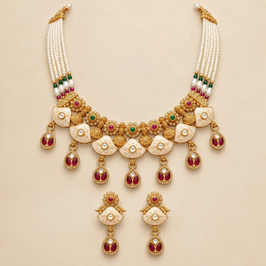 Gold Kundan Choker Necklace Set with Pearl Chain and Earrings — Boho Jewellery UK | The Colourful Aura