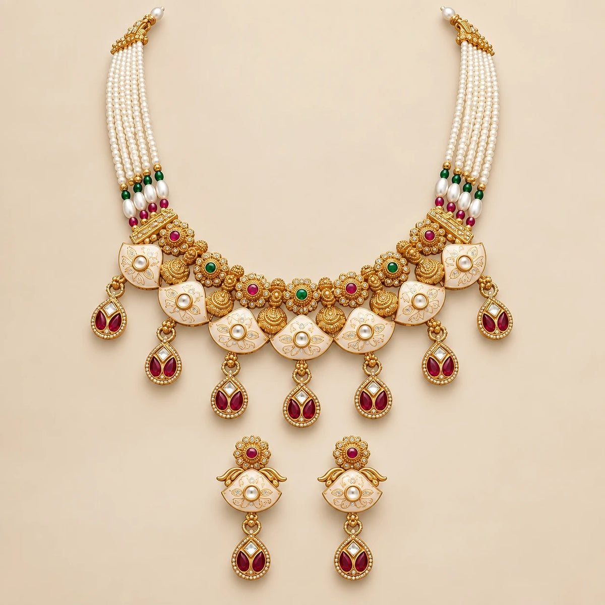 Gold Kundan Choker Necklace Set with Pearl Chain and Earrings — Boho Jewellery UK | The Colourful Aura