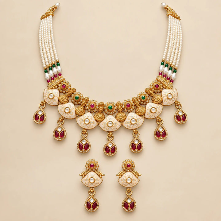 Gold Kundan Choker Necklace Set with Pearl Chain and Earrings — Boho Jewellery UK | The Colourful Aura