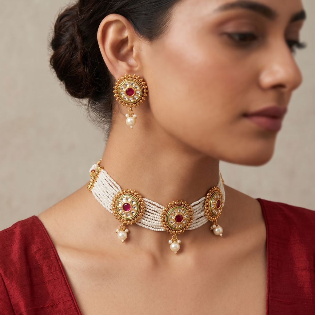 Gold kundan circular disc choker necklace with white seed pearl chain and matching earrings — Indian wedding jewellery UK