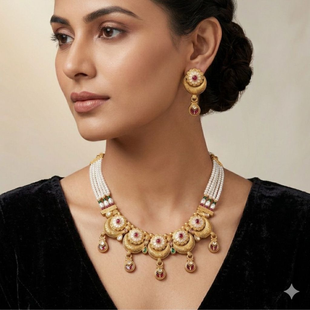 Traditional Indian meenakari disc choker necklace set with multi-strand pearl chain — bridal jewellery UK