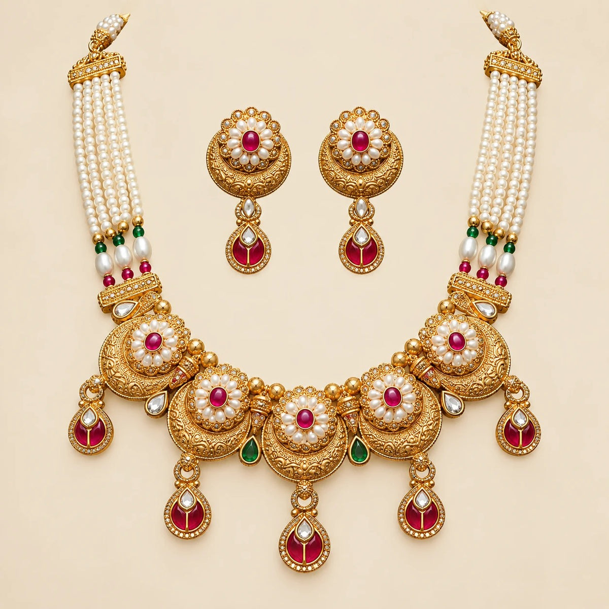 Gold Meenakari Disc Choker Necklace Set with Pearl Chain and Earrings — Boho Jewellery UK | The Colourful Aura