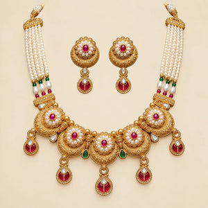 Gold Meenakari Disc Choker Necklace Set with Pearl Chain and Earrings — Boho Jewellery UK | The Colourful Aura
