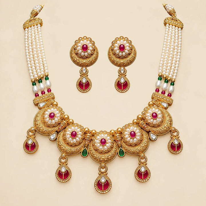 Gold Meenakari Disc Choker Necklace Set with Pearl Chain and Earrings — Boho Jewellery UK | The Colourful Aura