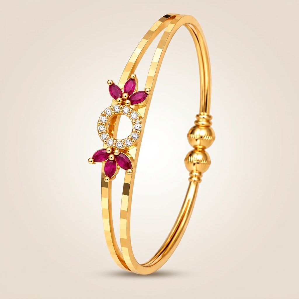 Gold Pink Floral Bangle Bracelet (Close-up Detail) | The Colourful Aura