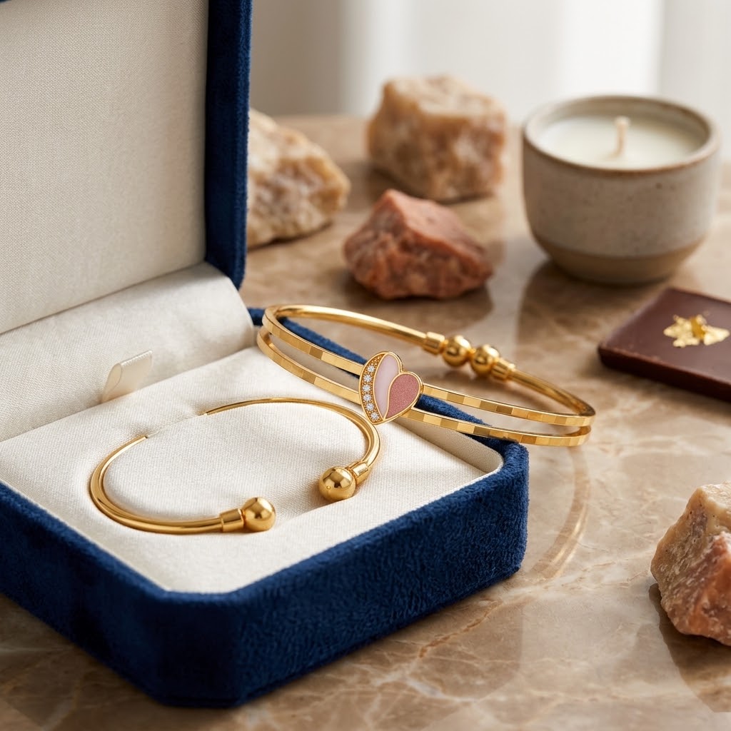 Gold Pink Heart Bangle Bracelet (Close-up Detail) | The Colourful Aura