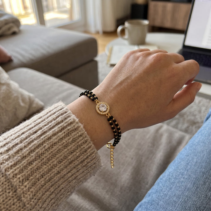 Gold Plated Black Bead Mangalsutra Bracelet with Round Charm — Boho Jewellery UK | The Colourful Aura